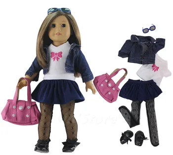 

Hot Denim Outfit Fashion Doll Clothes+glasses+bag+tights+one pairs boots for 18 inch American Doll Many Style for Choice