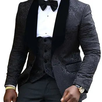

Mens Black Floral Pattern Wedding 3 Piece Suit Business Tux Shawl Lapel Men Evening Single Breasted Prom Formal dinner Blazer