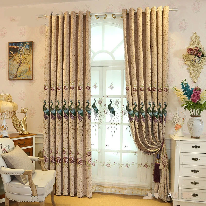 Роскошные затемненные шторы в цветочек для гостиной с вышивкой павлина, европейские великолепные тюлевые вуали T70#4