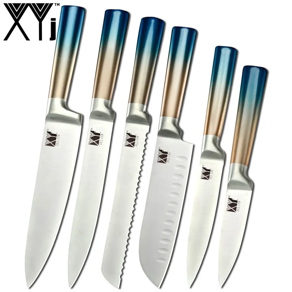 XYj 6pcs Stainless Steel Knives Set Multi-color Handle Chef Bread Slicing Utility Santoku Paring Knives Cooking Tools - Цвет: B.