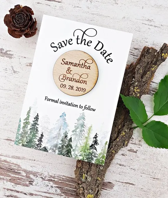 

Wooden Save the Date Magnets with Cards For Rustic Weddings