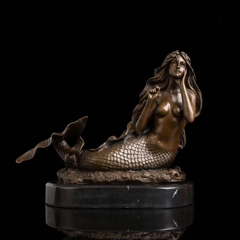 

Arts Crafts Copper Antiques Mythology Figurines Bronze Statue Mermaid with Pearl Vintage Metal Craft Home Decoration Figurine DS