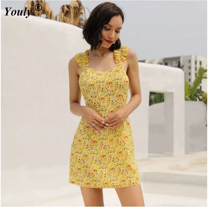 

2019 Summer Beach Dress Elegant Vintage Yellow Floral Sexy V neck Cami Dresses Boho Casual Sundress backless Mini Dress Bohemian
