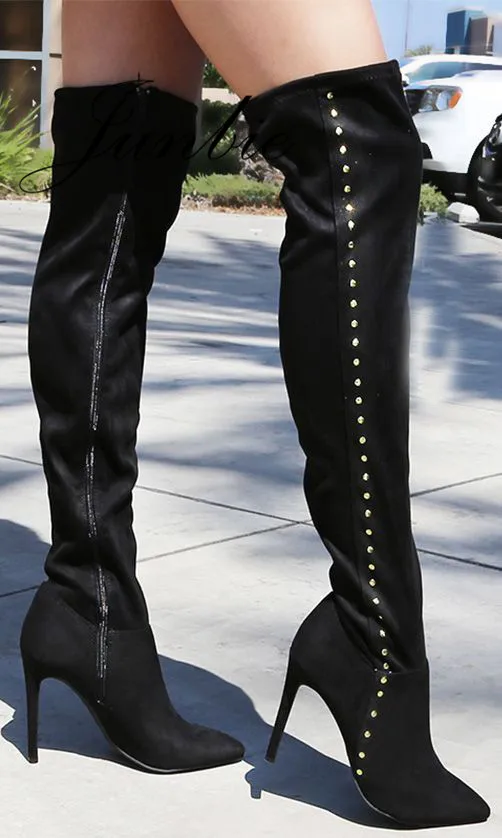 

JUNBIE New Fashion Metal Beading Thin HIgh Heel Boots Pointed Toe Zip Side Gladiator Over The Knee HIgh Thin HIgh Boots Shoes