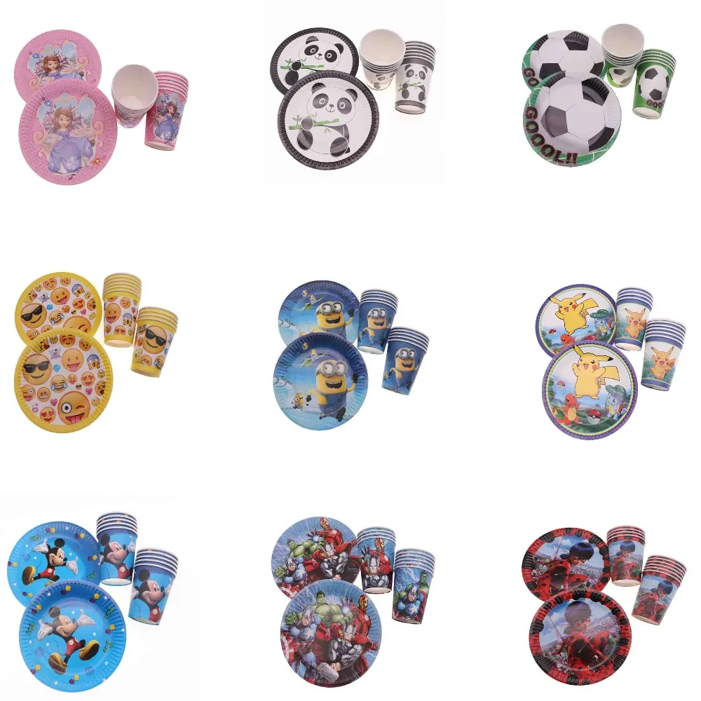 

20PCS /LOT Mickey Minnie Pikachu Football Panda Cup Plate Set Party Birthday Party Decoration Kids