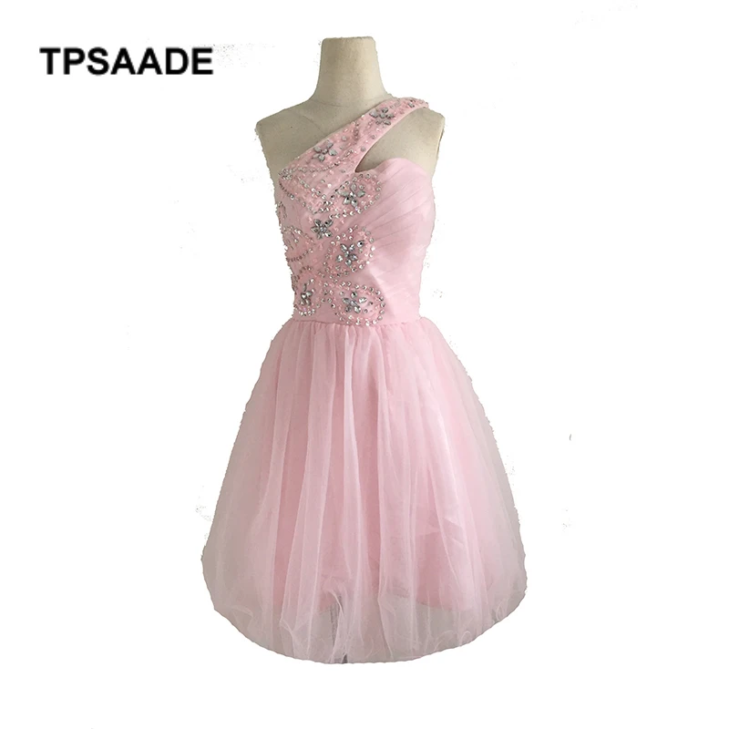 Розовое на одно плечо, без рукавов, изготовленное на заказ мини-платья трапециевидной формы, платье-халат, коктейльное кружевное милое коктейльное платье на шнуровке