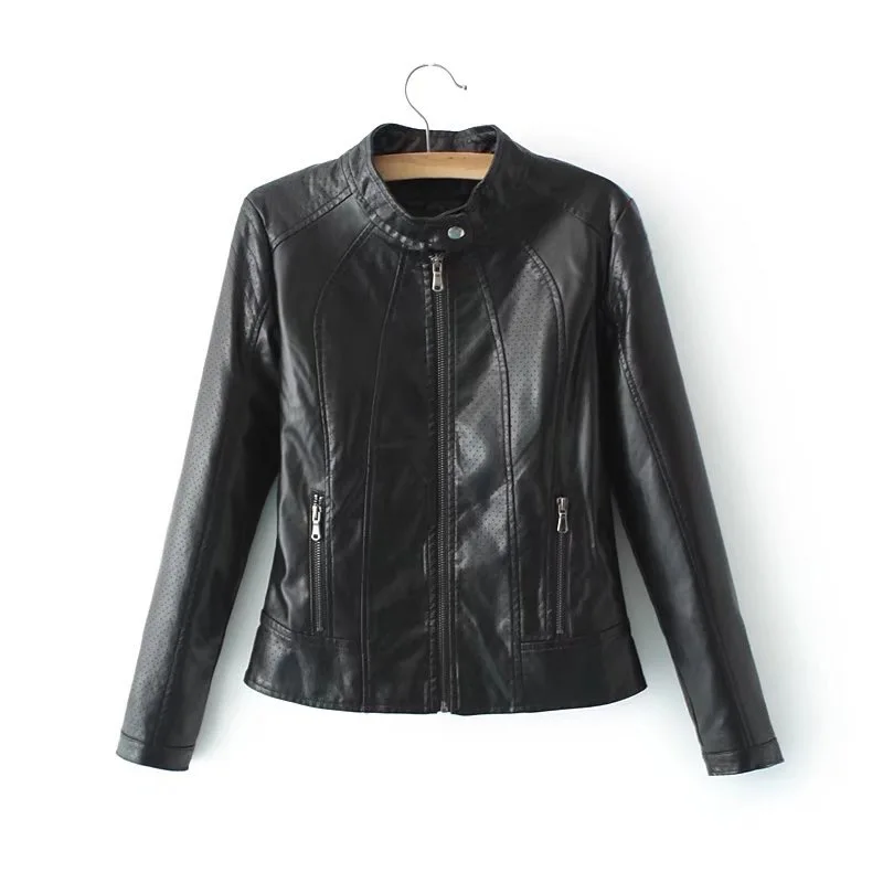 VOGUEIN новая женская мода черный/белый искусственная кожа полые мотоциклетные курточка бомбер верхняя одежда пальто - Цвет: Black