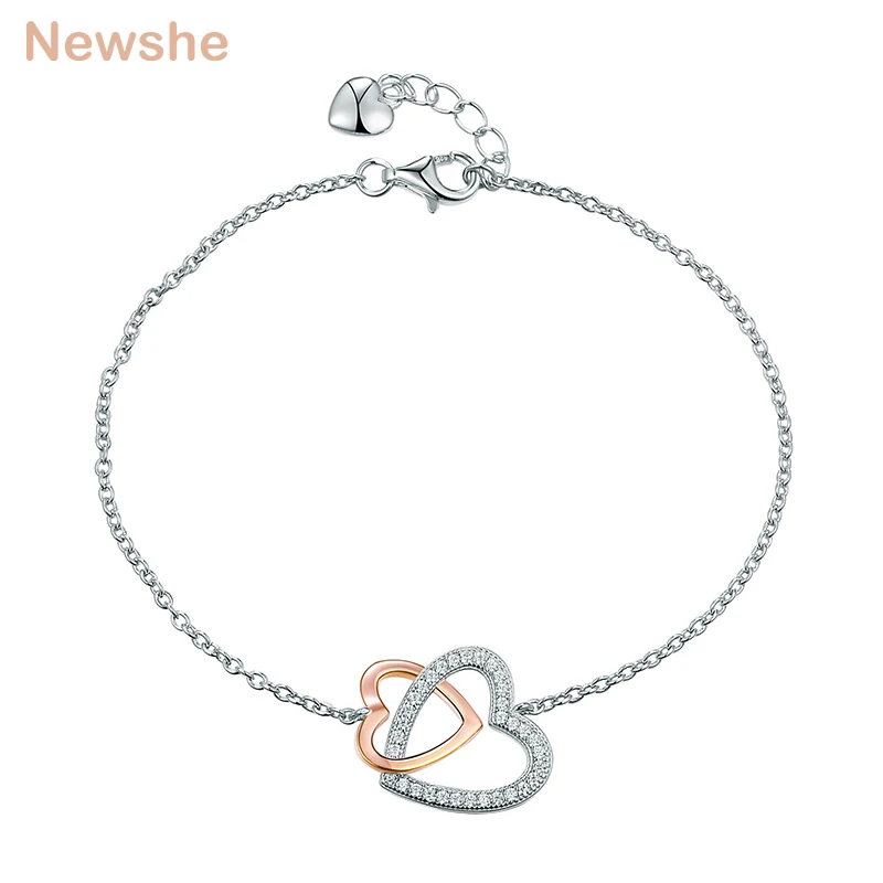

Newshe Double Heart Romantic Chain Bracelet Jewelry For Women 7.5 Inches 925 Sterling Silver 0.24 Ct AAA Cubic Zirconia