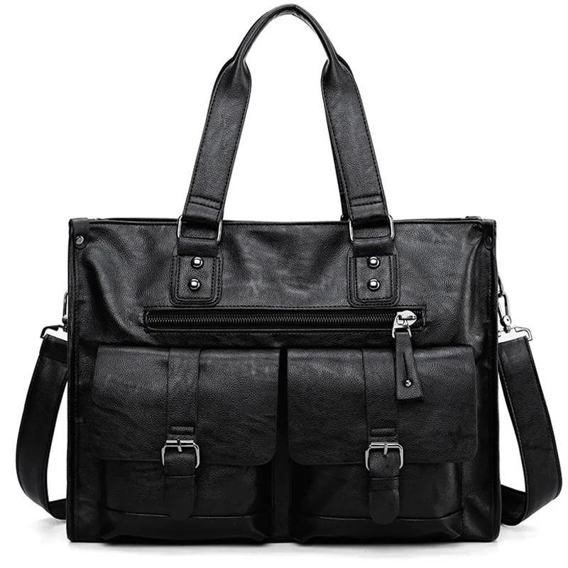 Baratos Bolsos de hombro para hombres de negocios, bolso negro para ordenador portátil de gran capacidad, bolso de cuero PU de alta calidad para hombre, bolso de trabajo XA245ZC