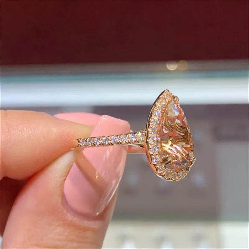 Modyle New Brand Gold Color Champagne Cubic Zirconia Pear Shape Engagement Ring for Woman Dropshipping