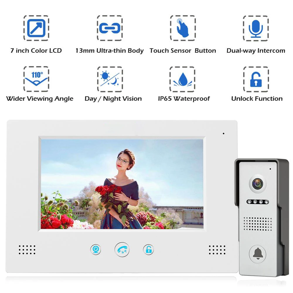 

Video Door Phone Doorbell Wired Video Intercom System 7-inch Color Monitor and HD Camera with Door Release,Touch Button