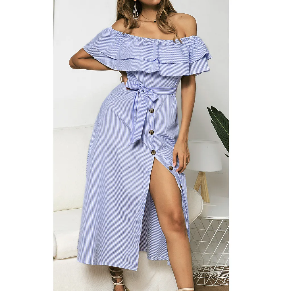 

2019 New Fashion Summer Women Dress Holiday Off Shoulder Button Dress Short Sleeve Slash Neck Striped Casual Dress robe femme