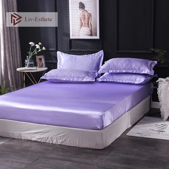 

Liv-Esthete Wholesale Luxury 100% Satin Silk Lilac Fitted Sheet Silky Mattress Cover Queen King Decor Bed Sheets For Women 1pcs