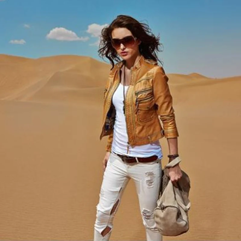 

New Arrival Spring Autumn Womens Vintage Short Fashion Faux Leather Biker Jacket Yellow Color Stand colar Size S-L