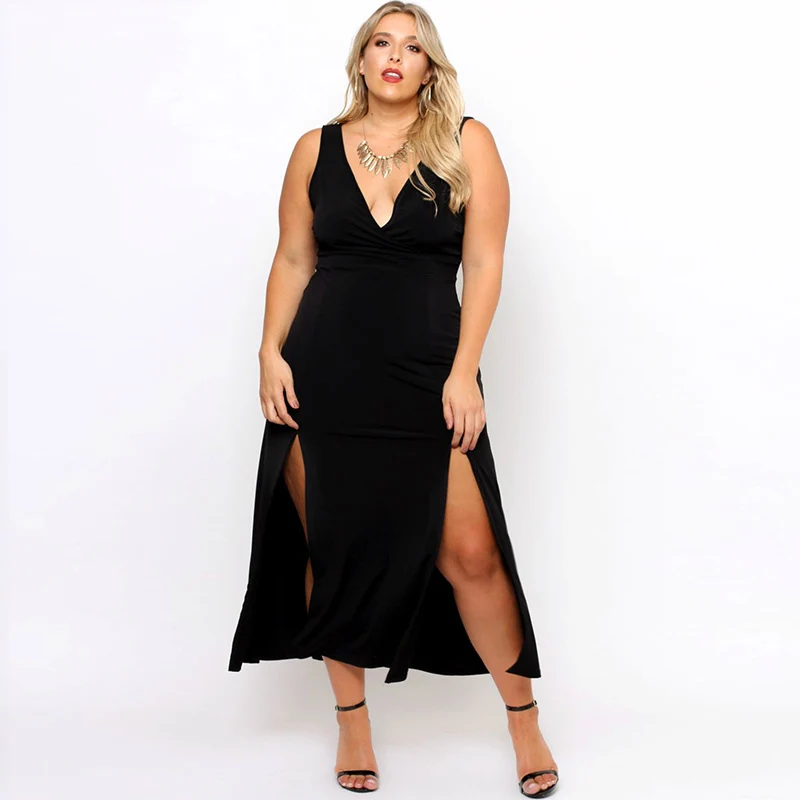 2018 New Autumn Europe Large Size Women Black Knitted Sleeveless Split Sexy Party Dress for Fat Female Sukienka Vestido Dresses