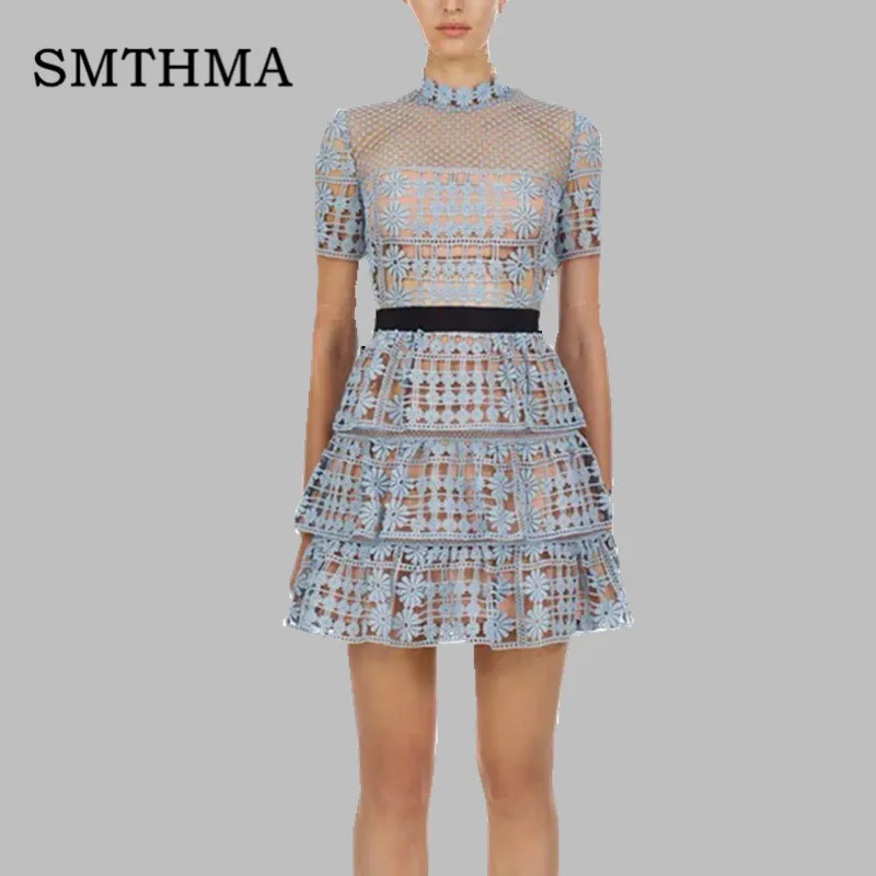 

SMTHM 2019 Self Portrait Dress Women Summer short sleeve blue dress High Quality Patchwork Hollow lace Dresses vestidos