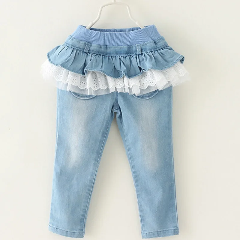 Модные кружева с оборками джинсы для девочек весна осень джинсовые Хлопковые Штаны для девочек брюки детская одежда