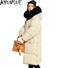 AYUNSUE женская белая куртка на утином пуху большое теплое зимнее пальто с меховым капюшоном женские длинные парки утепленные женские куртки ST545