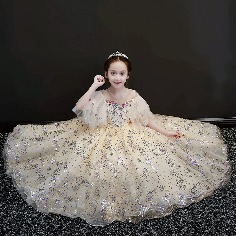 

Royal Princess Dress Evening Gowns Sequined Flower Girl Dresses for Wedding Appliques Flare Sleeve Holy Communion Dress B425