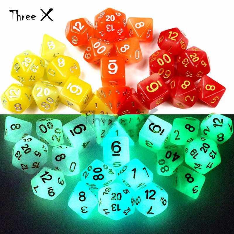 

Mix color Glow in the dark 7 Pc/set D4 D6 D8 D10 D10% D12 D20 for Dungeons and Dragons,portable Dice with Number