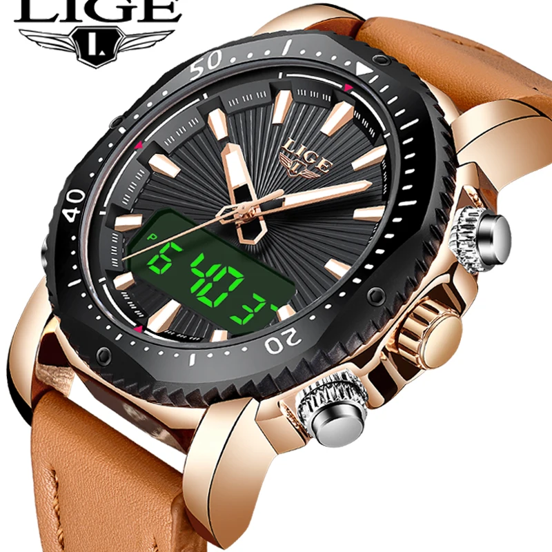 

LIGE New Mens Watches Top Brand Luxury Quartz Dual Display Sport Waterproof Waterproof Men Business Leather Clock Montre Homme