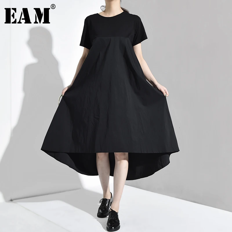 

[EAM] 2019 New Spring Autumn Round Neck Short Sleeve Black Back Long Pleated Split Loose Temperament Dress Women Fashion F5580
