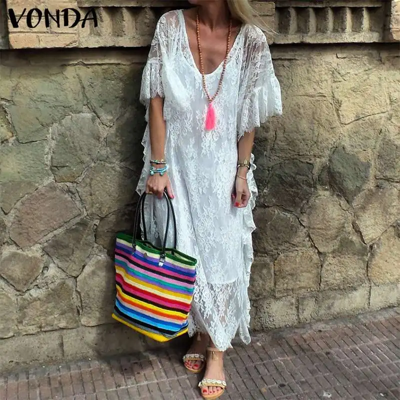 

VONDA Bohemian Women Hollow Lace Dress 2019 Summer Sexy V-Neck Butterfly Sleeve Long Dresses Holiday Casual Vestido Plus Size