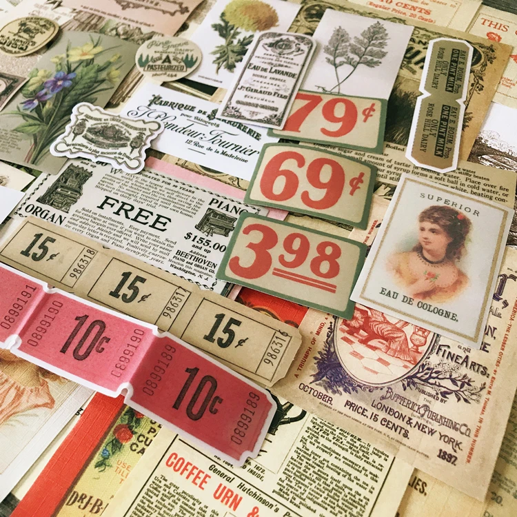 

Retro ticket postage stamp collection label old newspaper bird flower lady mixed Decorative Sticker DIY Scrapbooking Diary Album