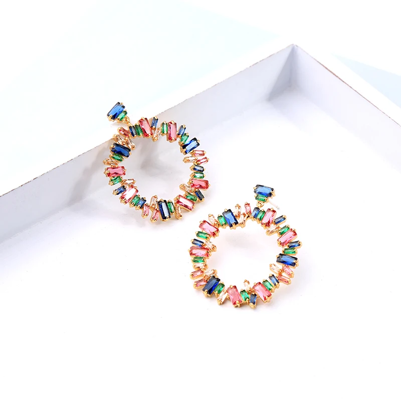 

BALANBIU Exquisite Colorful Crystal Round Circle Drop Earring For Women Gift Gold Color Brass Trendy Jewelry Accessory Wholesale