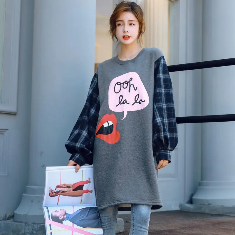 

Maternity dress loose plus velvet thickening lip pattern lantern sleeves long section pregnant women sweater