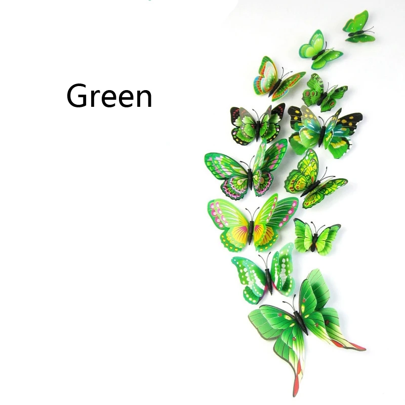12 шт./компл. двойной Слои крыло 3D Искусственные бабочки на магните Декор холодильника наклейки на стену с резиновыми полосками продается дома вечерние год украшения - Цвет: Зеленый
