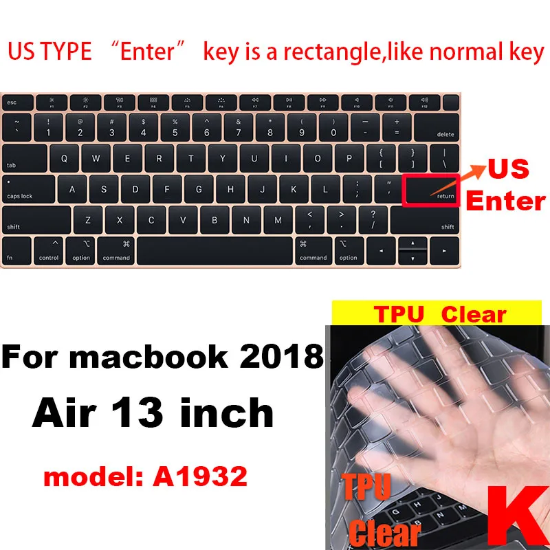 Для Apple Macbook air pro retina EU/US версия A1466/1502/1398/1534/1990 Клавиатура Чехол Silica гелевый из термопластика прозрачный протектор пленка - Цвет: K