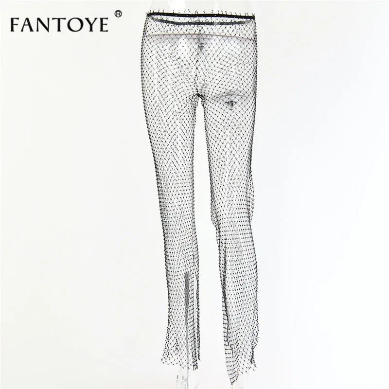 Fantoye New Crystal Diamond Shiny Women Pants Summer Sexy Hollow Out Elastic Fishnet Trousers Fashion See Through Beachwear Pant hot pants