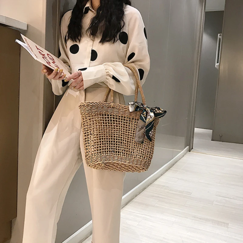 

Factory Outlet 2019 New Handmade Woven Handbags Women Fashion Rattan Cowhide Handle Design Retro Shoulder Bag Straw Beach Bag