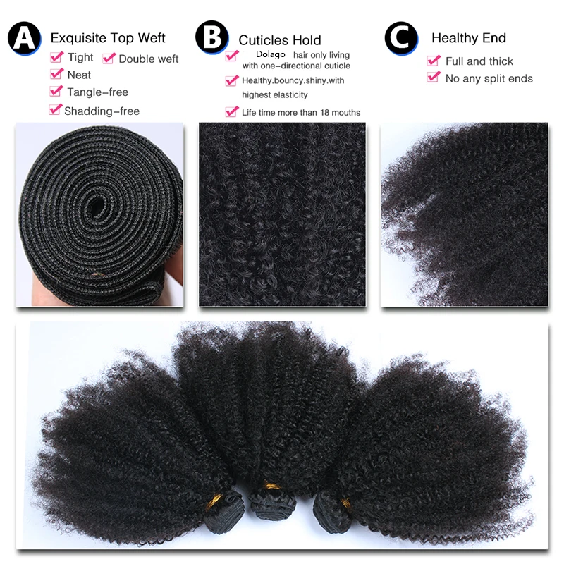 Монгольские афро кудрявые вьющиеся волосы для наращивания 4B 4C натуральные человеческие волосы Remy пряди 3 шт. товары для волос Dolago