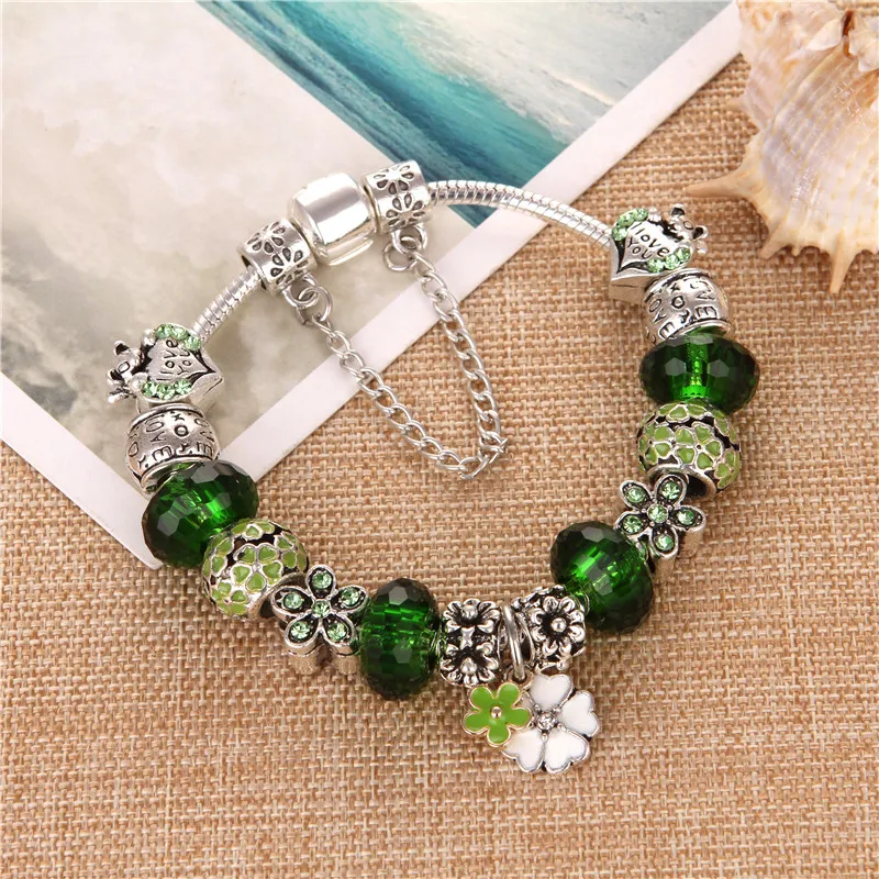 European Style Vintage Silver Plated Flowert Pendant Green Crystal Charms Bracelets &amp Bangles For Women Gift | Украшения и