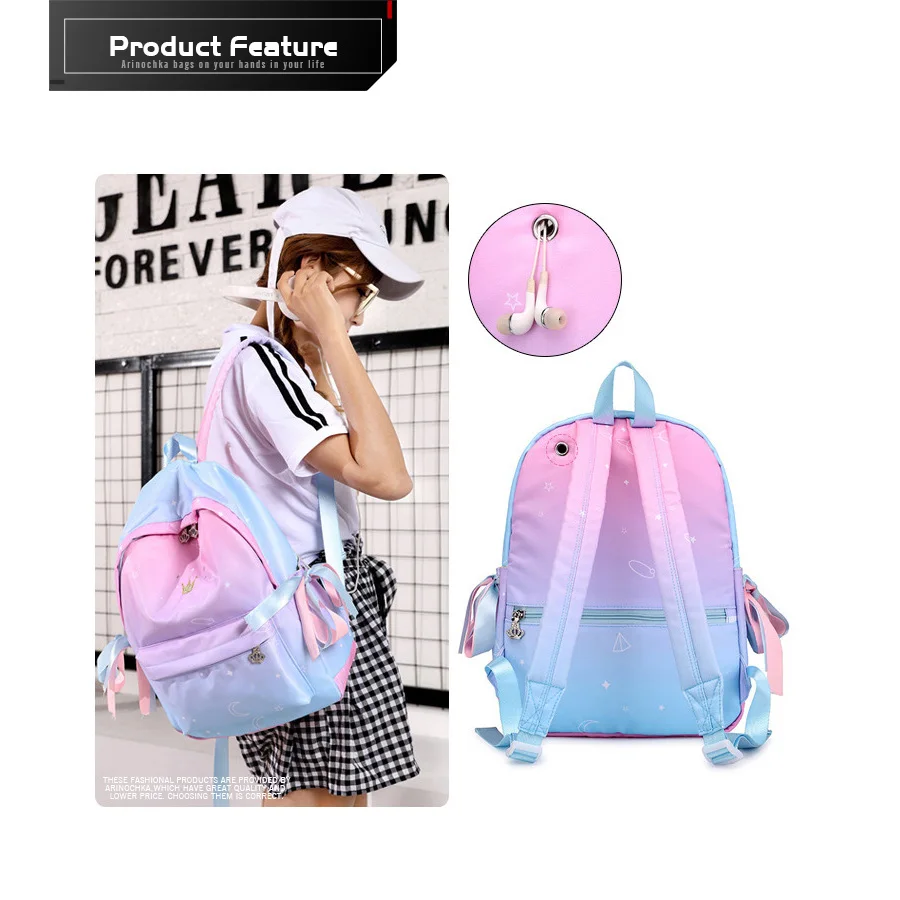 Розовая градиентная цветная печать рюкзак для женщин ленты Bookbag Милая корона вышивка школьная сумка для девочек-подростков Kawaii ранец