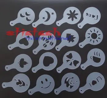 

by dhl 1000set 16pcs/set Mold Coffee Milk Cake Cupcake Stencil Template Coffee Barista Template Strew Pad Duster practical Clog