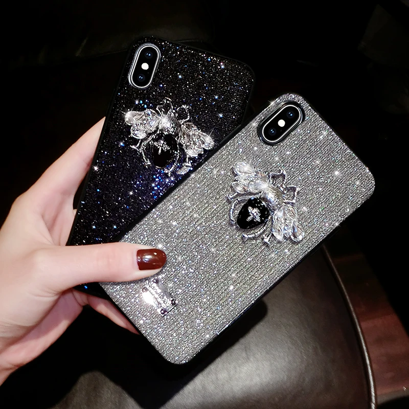 

Luxury Brand 3D Metal Bee Letter Label Glitter Diamond soft bling phone case for iphone 6 S 7 7plus 8 plus X XS sexy cute cover