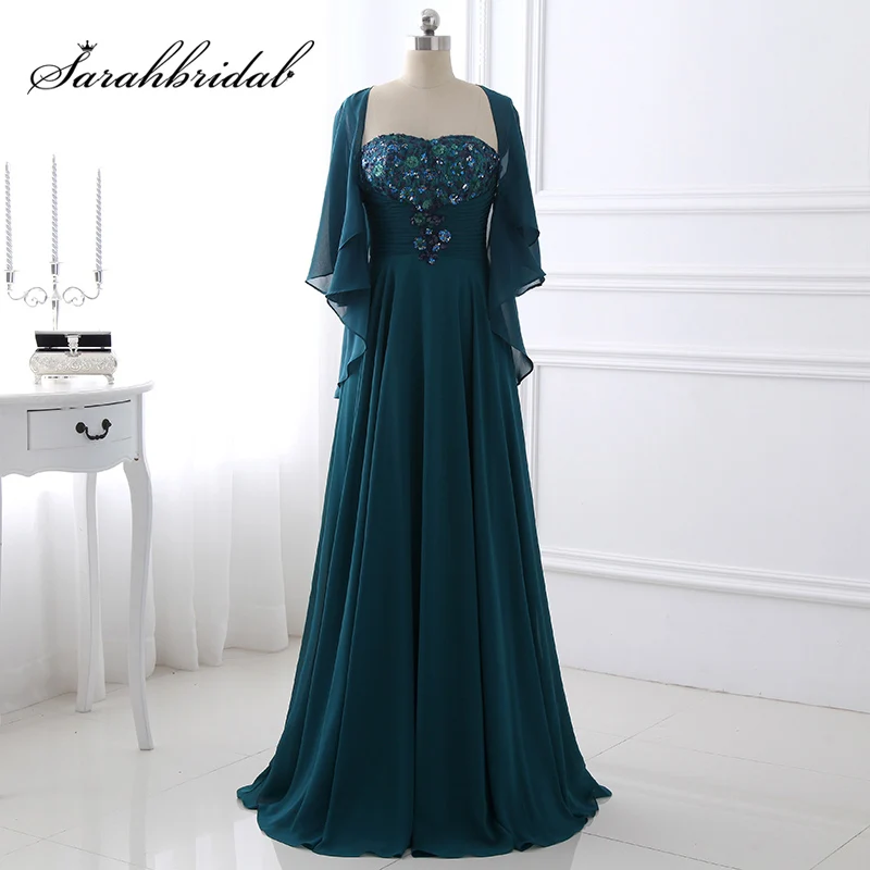 

2017 Women Elegant Chiffon Long A-Line Mother of the Bride Dresses with Jacket Half Length Sleeve Sequined Top Party Gowns SD404