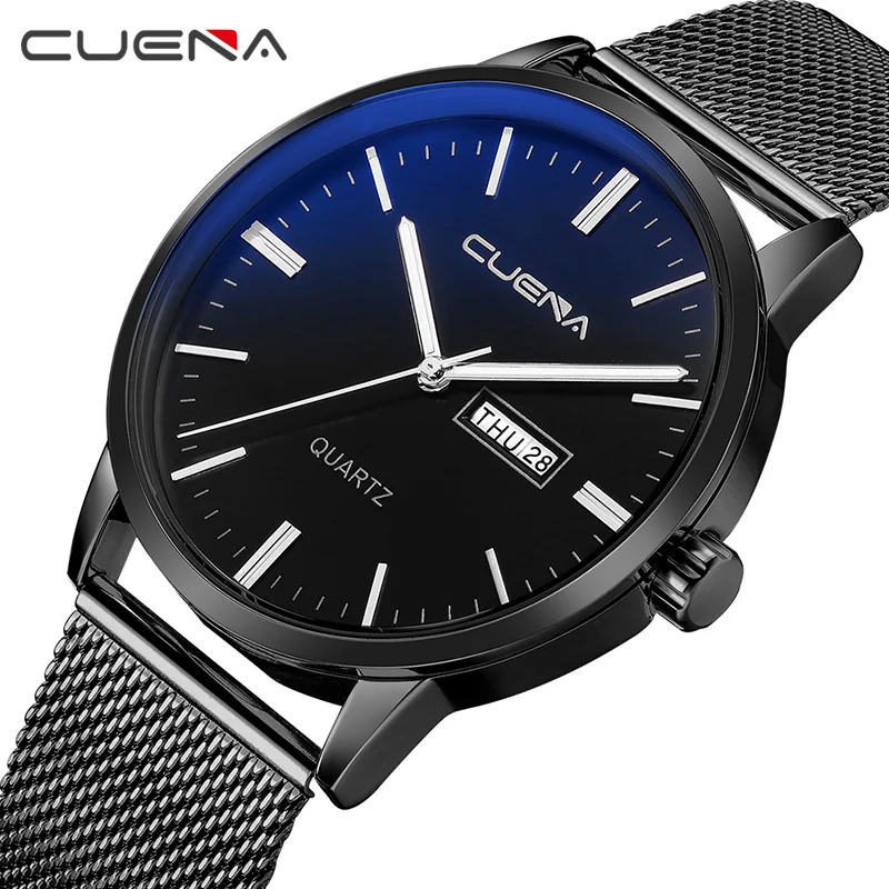 

CUENA Quartz Wristwatches Men Watch Stainless Steel Week Display Complete Calendar Clock Man Black Men Watches 2018 Luxury Brand