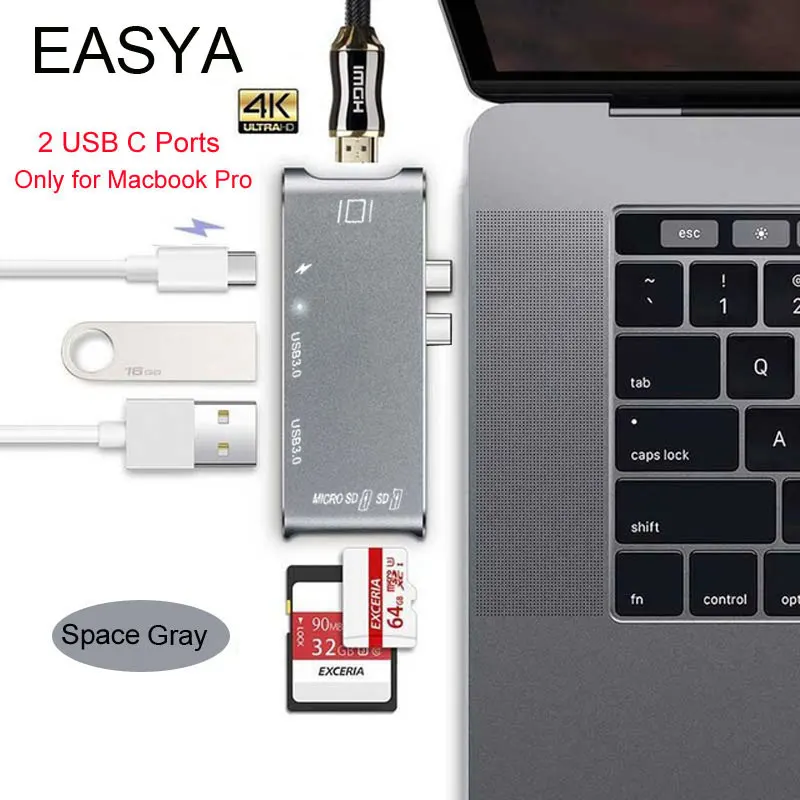 

EASYA Thunderbolt 3 Adapter USB C Hub to HDMI 4K with Type-c PD Charging Port TF SD Reader Slot Hub 3.0 for MacBook Pro/Air 2018