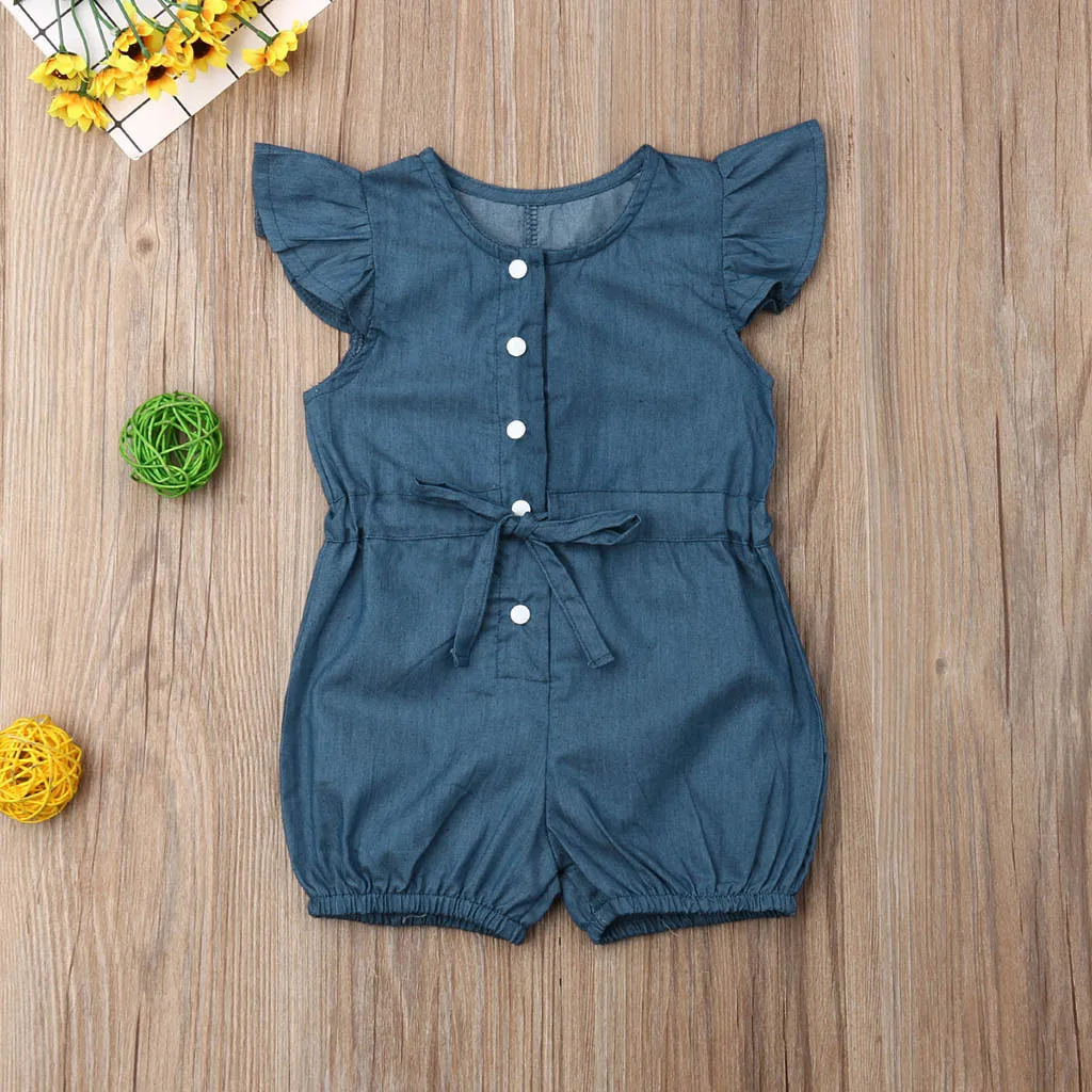 Baby Girls Kids Toddler Denim Short Sleeve Bow Jumpsuit Romper Clothes