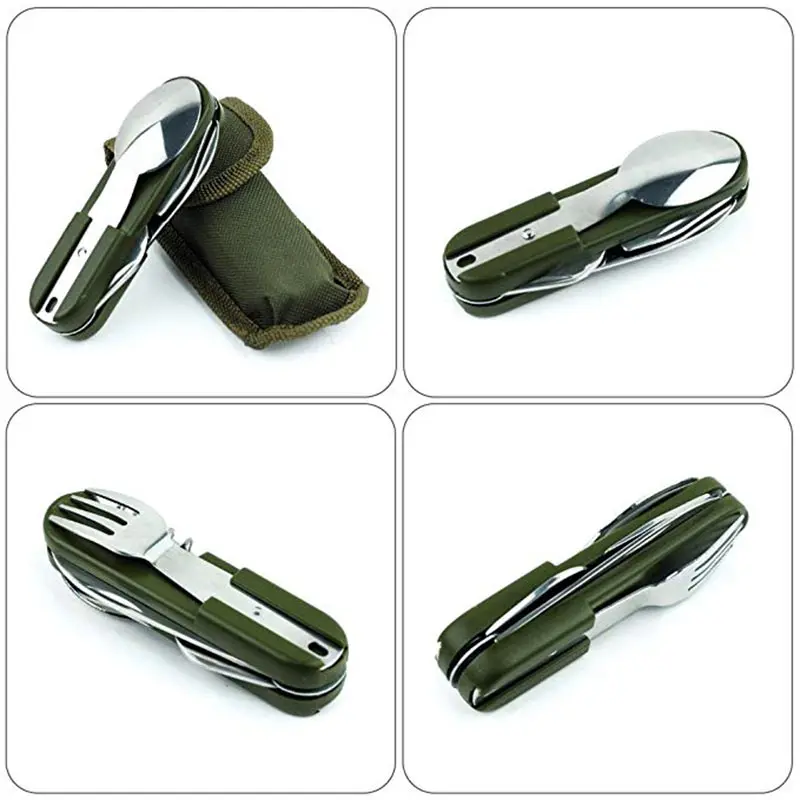 Al aire libre plegable de Camping de vajilla multipropósito con tenedor cuchillo cuchara abrelatas de botella de la lona llevar bolsa de Picnic cubiertos conjuntos