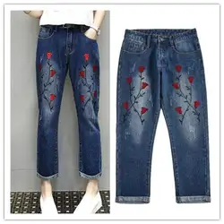 Плюс Размеры 3XL 4XL 5XL цветок Джинсы с вышивкой Для женщин 2018 Демисезонный повседневные штаны-шаровары джинсы прямые джинсовые брюки