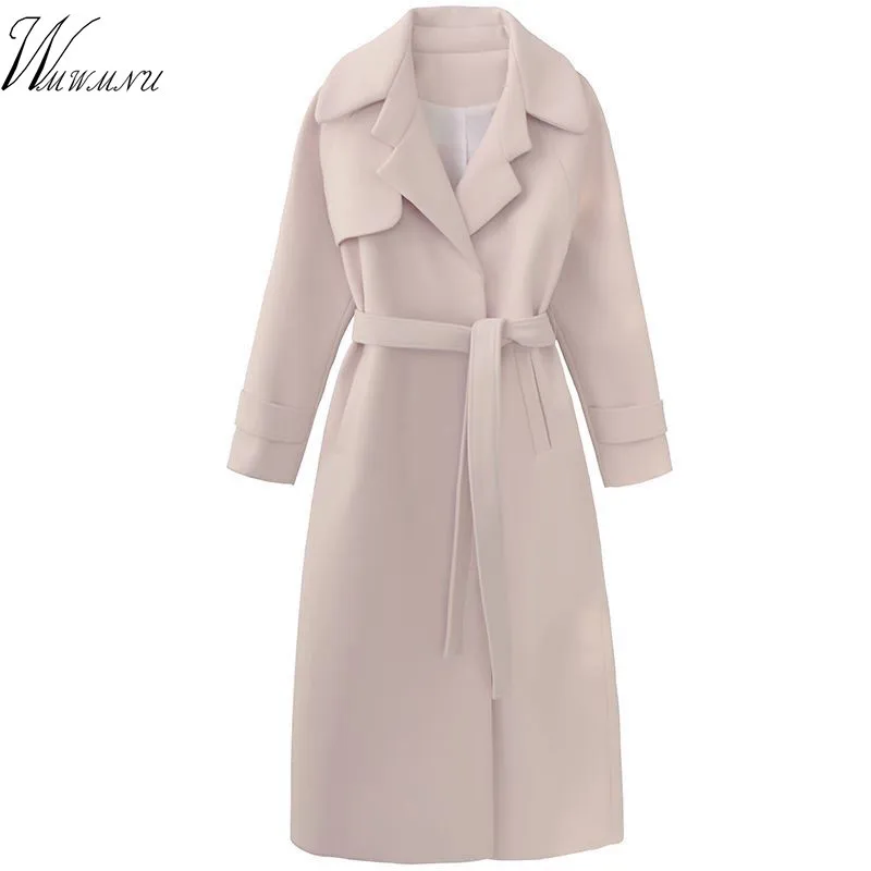 

Casual Autumn Winter Warm Wool Blend Elegant Coat With Belt Fashion New Lapel Long Sleeve with Solid Color Women Clothing Vadim