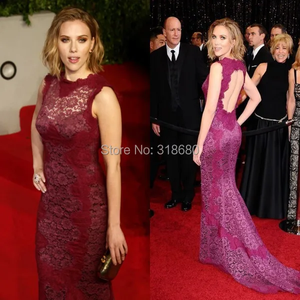 Elegant Purple Lace Mermaid Red Carpet Scarlett Johansson Celebrity Elegant Purple Lace Mermaid Red Carpet Scarlett Johansson Celebrity Dresses Open Back Long Tail Dress
