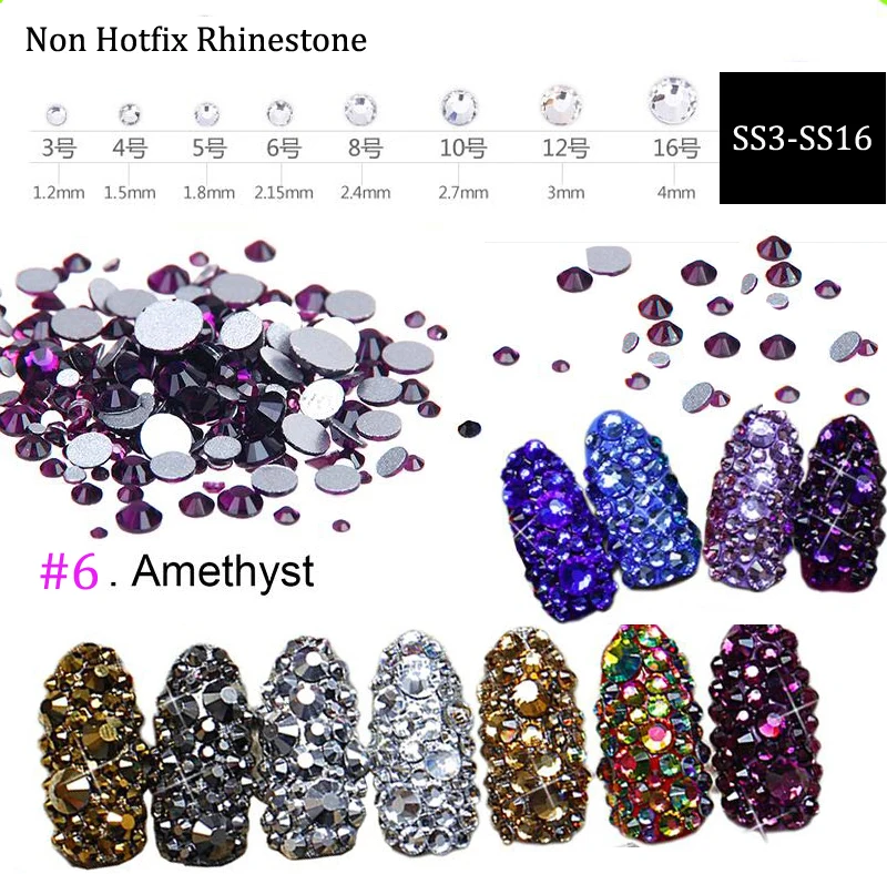 1440pcs Nail Art flat back rhinestones ss3 ss4 ss5 ss6 ss10 ss12 ss16 Non Hot-fix Strass Glass Crystal Rhinestones (Amethyst) | Красота и