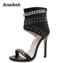 Aneikeh/ г. Босоножки женская модная однотонная женская обувь из PU искусственной кожи на высоком тонком каблуке танцевальная обувь на невысоком каблуке с металлическим украшением черный цвет, размеры 35-40