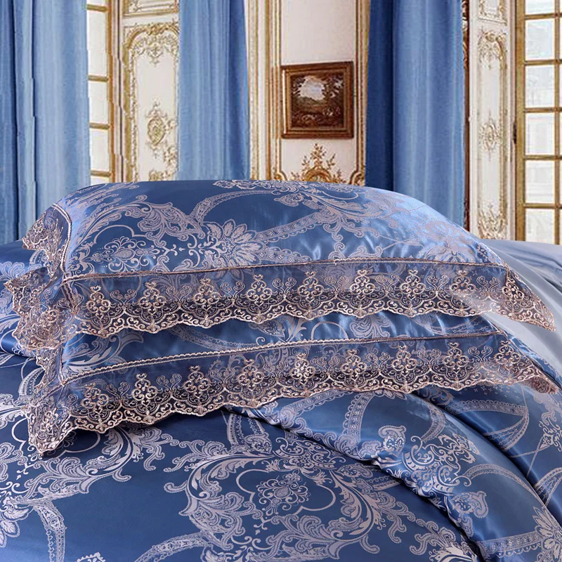 Серебристо-зеленый синий класса люкс из жаккарда в европейском стиле шелк Постельное белье кружева постельное белье/постельное белье постельный комплект 3/4 шт